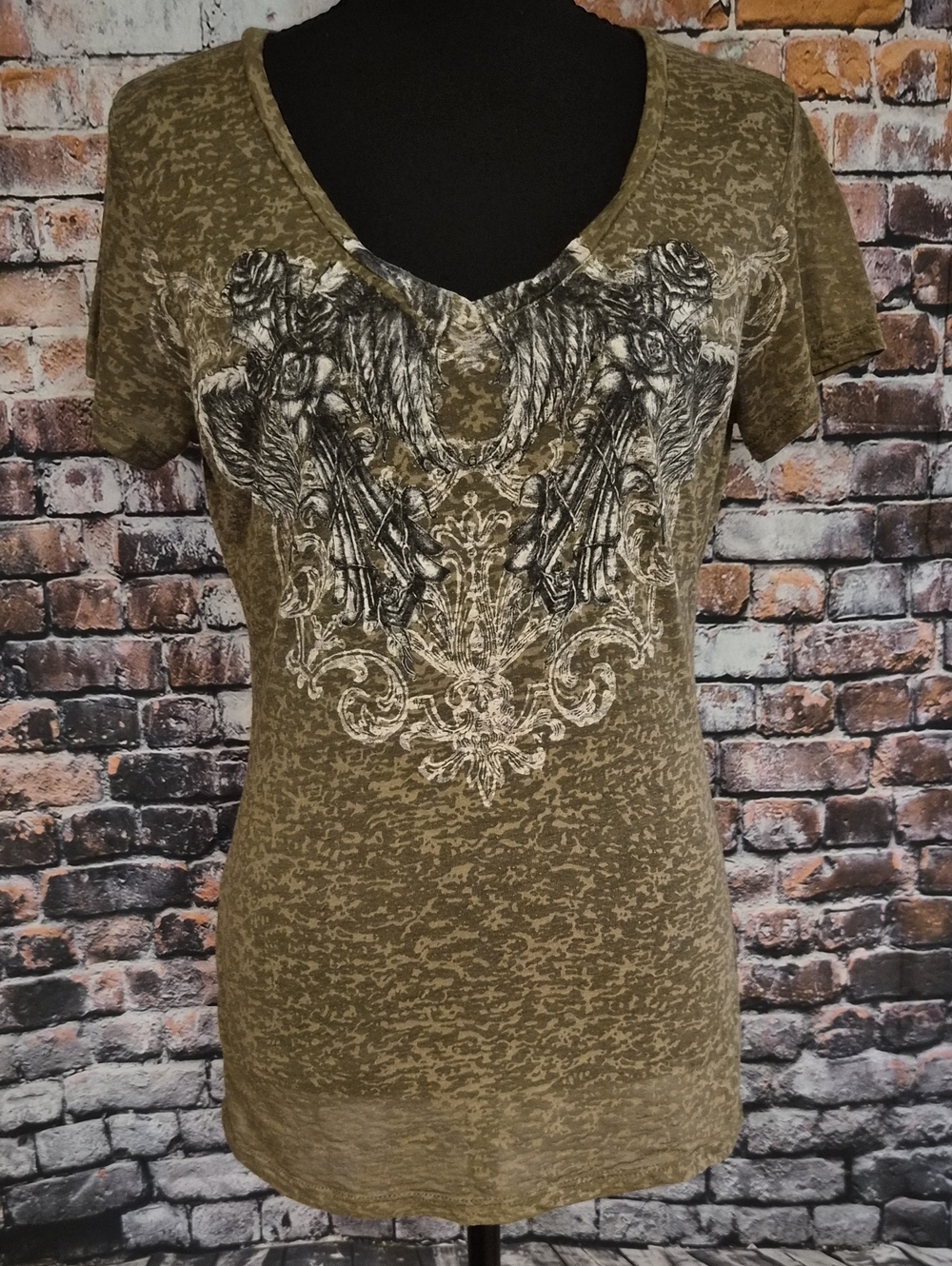 In Vein Women's Olive Short Sleeve V-Neck Tee with Ornate Front Graphic